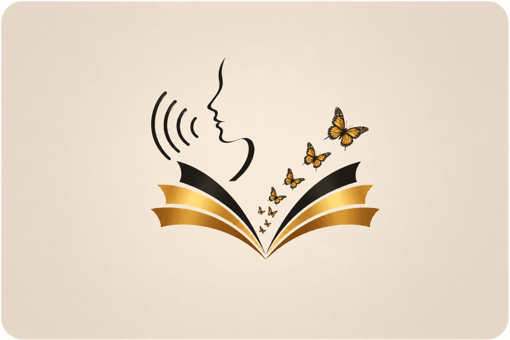 Kural Neri public speaking and open book speech butterflies brand seal illustration