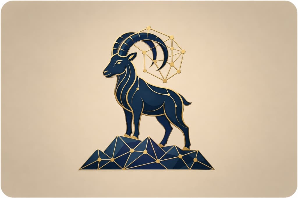 Valai Neri digital goat on low-poly mountains with geometric horn constellation brand seal illustration